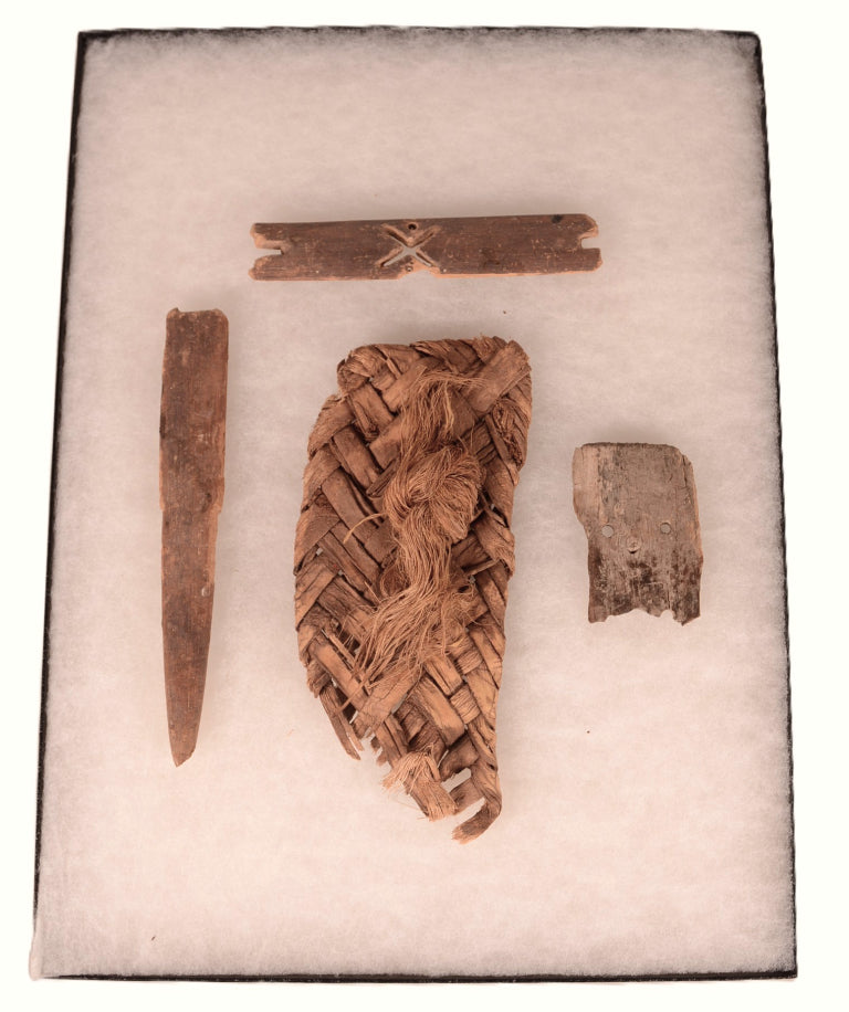 Framed Prehistoric Sandal Fragment and Wood Artifacts