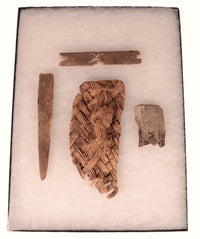 Framed Prehistoric Sandal Fragment and Wood Artifacts