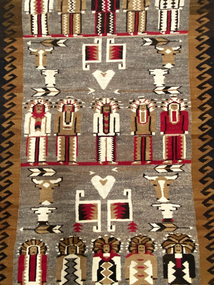 Navajo Pictorial Rug with Indian Chiefs and Steer Heads and Hearts