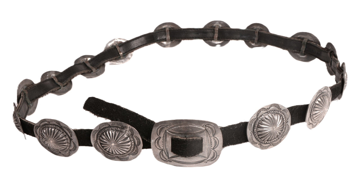 Navajo Sterling Silver Concho Black Leather Belt
