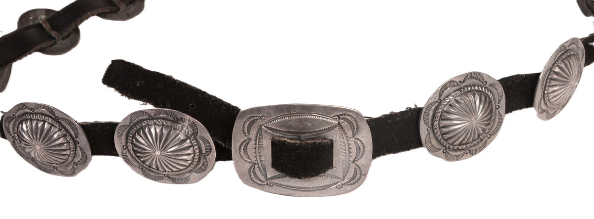 Navajo Sterling Silver Concho Black Leather Belt