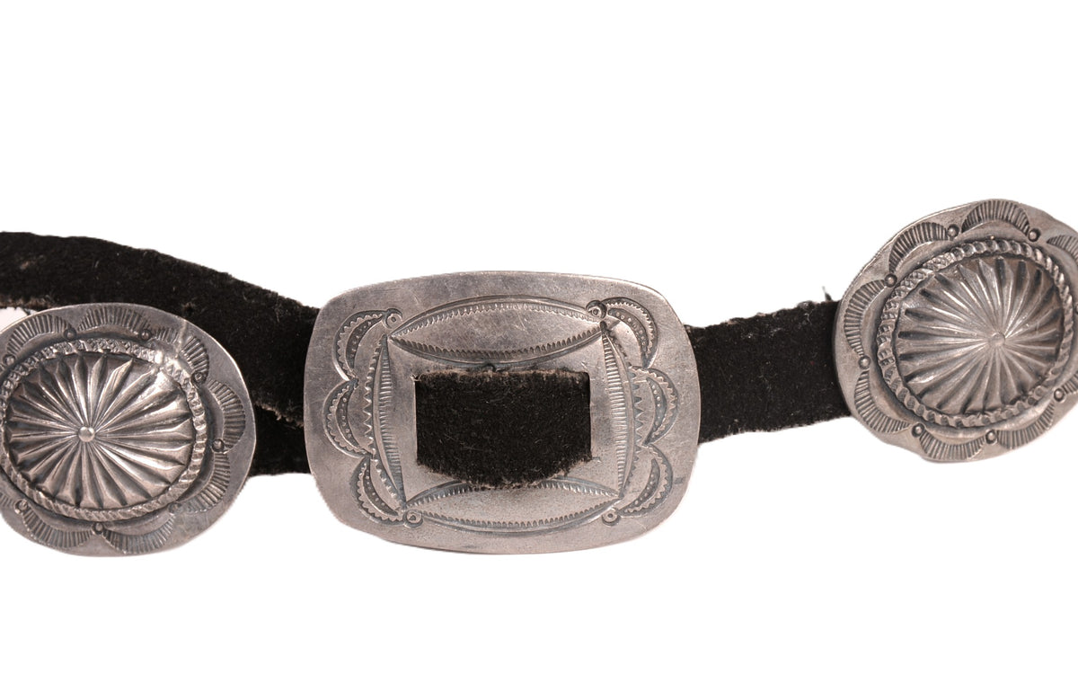 Navajo Sterling Silver Concho Black Leather Belt