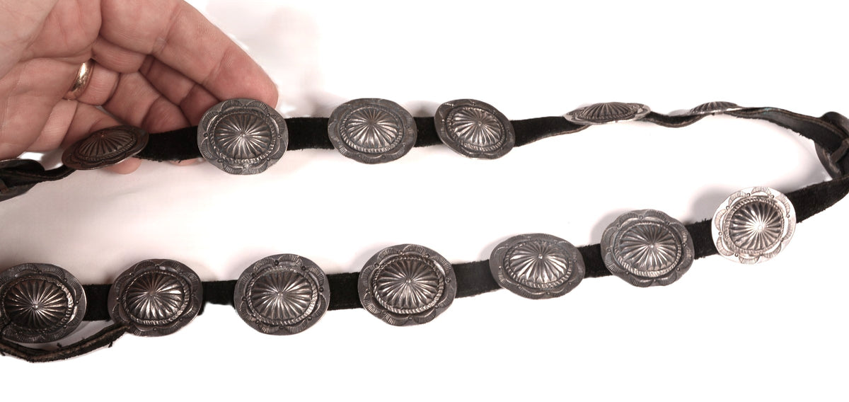 Navajo Sterling Silver Concho Black Leather Belt