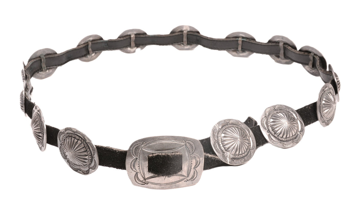 Navajo Sterling Silver Concho Black Leather Belt