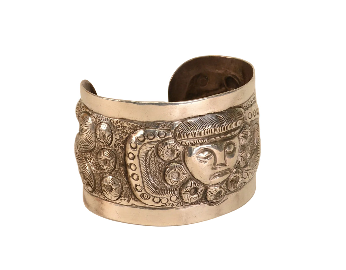 Large Antique Taxco Bracelet Sterling Silver Large Cuff with Mayan Face