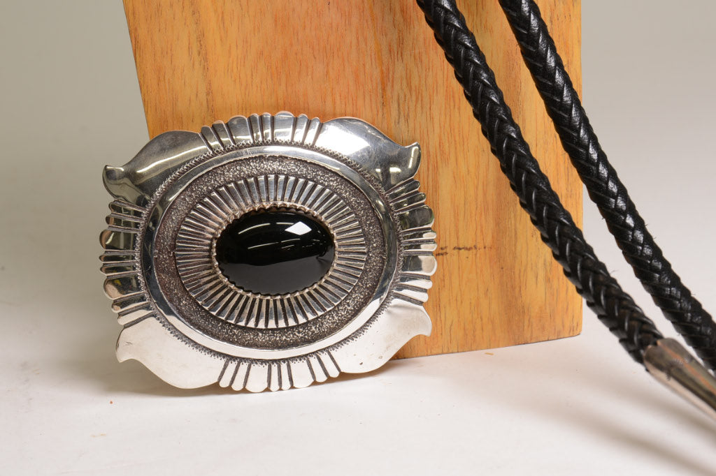 Navajo Bolo / Buckle Set Sterling Silver and Onyx by Tommy (Thomas) Singer
