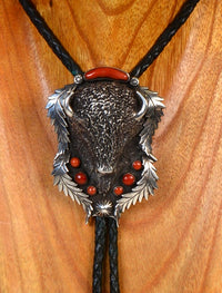 Large Navajo Sterling Silver and Fine Coral Bison Bolo Tie and Buckle SET by Lou Bilou DeWolf