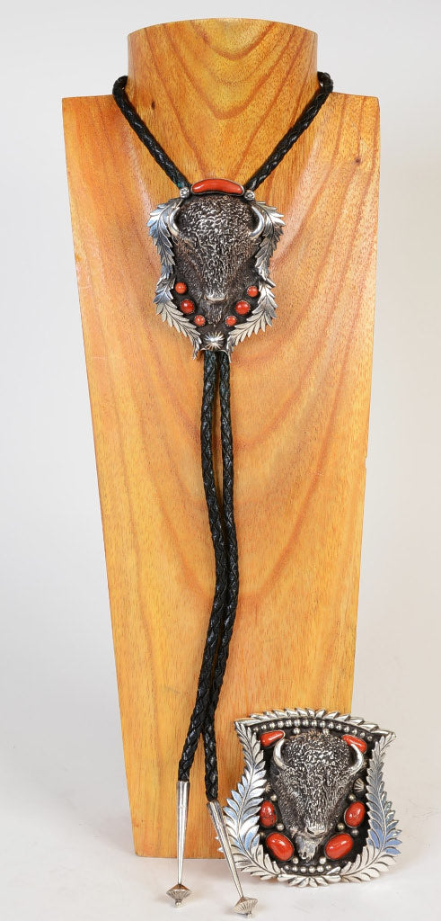 Large Navajo Sterling Silver and Fine Coral Bison Bolo Tie and Buckle SET by Lou Bilou DeWolf
