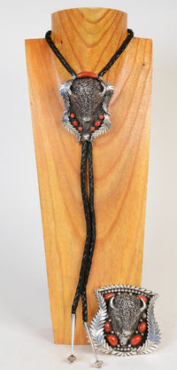 Large Navajo Sterling Silver and Fine Coral Bison Bolo Tie and Buckle SET by Lou Bilou DeWolf