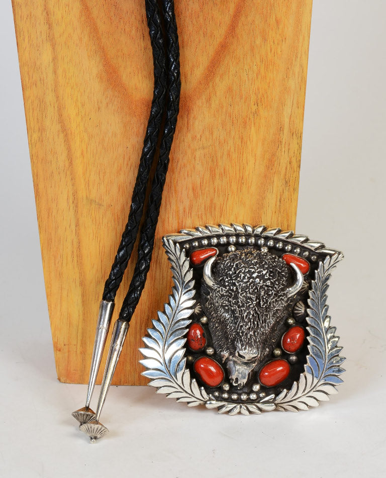 Large Navajo Sterling Silver and Fine Coral Bison Bolo Tie and Buckle SET by Lou Bilou DeWolf