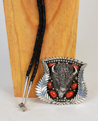 Large Navajo Sterling Silver and Fine Coral Bison Bolo Tie and Buckle SET by Lou Bilou DeWolf