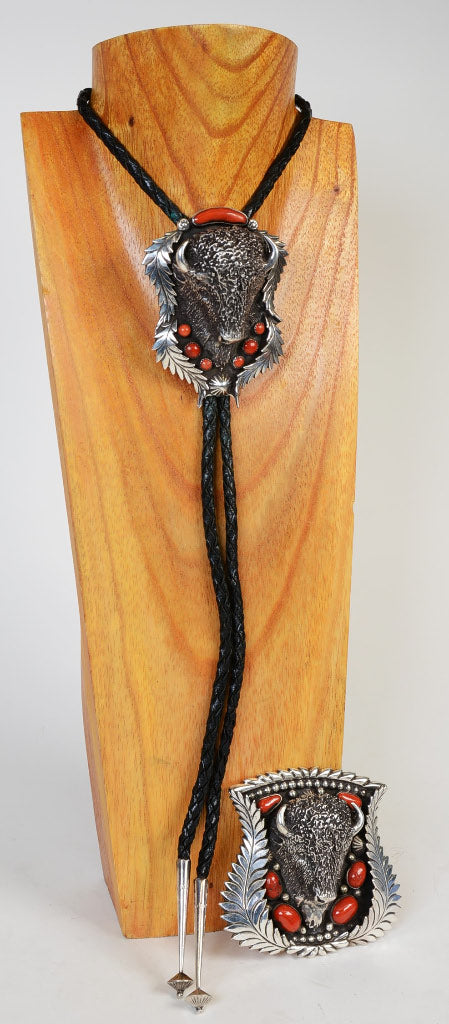 Large Navajo Sterling Silver and Fine Coral Bison Bolo Tie and Buckle SET by Lou Bilou DeWolf