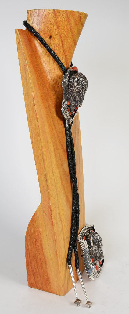 Large Navajo Sterling Silver and Fine Coral Bison Bolo Tie and Buckle SET by Lou Bilou DeWolf