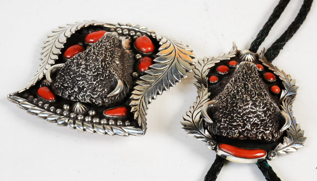 Large Navajo Sterling Silver and Fine Coral Bison Bolo Tie and Buckle SET by Lou Bilou DeWolf