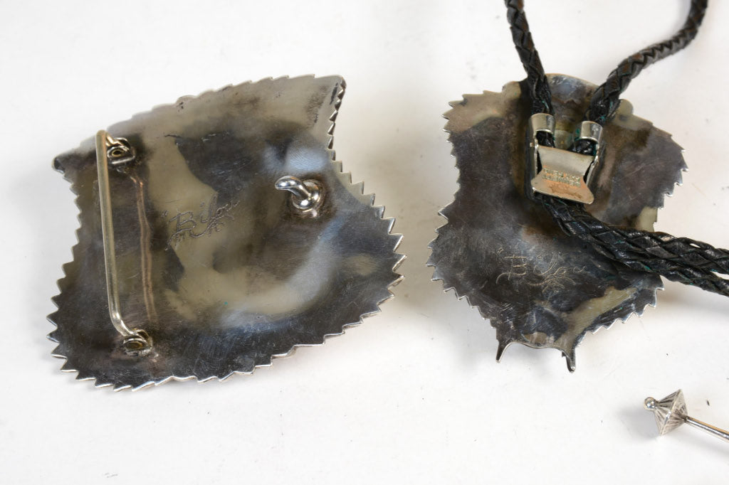 Large Navajo Sterling Silver and Fine Coral Bison Bolo Tie and Buckle SET by Lou Bilou DeWolf