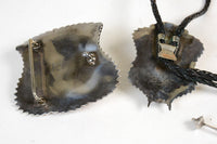 Large Navajo Sterling Silver and Fine Coral Bison Bolo Tie and Buckle SET by Lou Bilou DeWolf