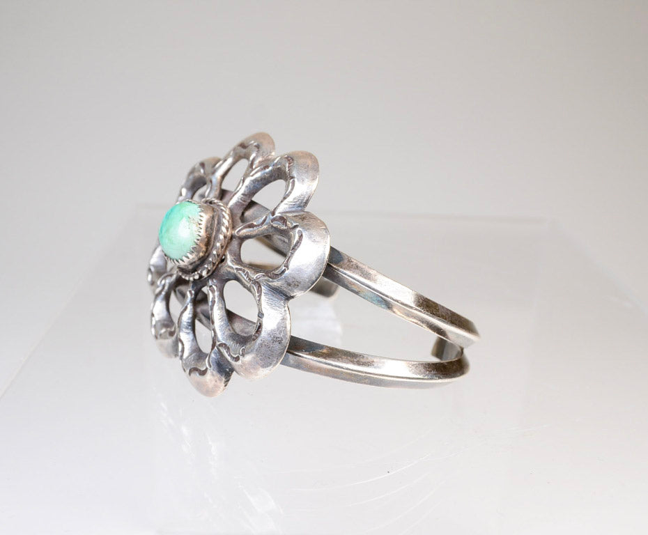 Navajo Sand Cast Cuff Bracelet with Nevada Green Turquoise
