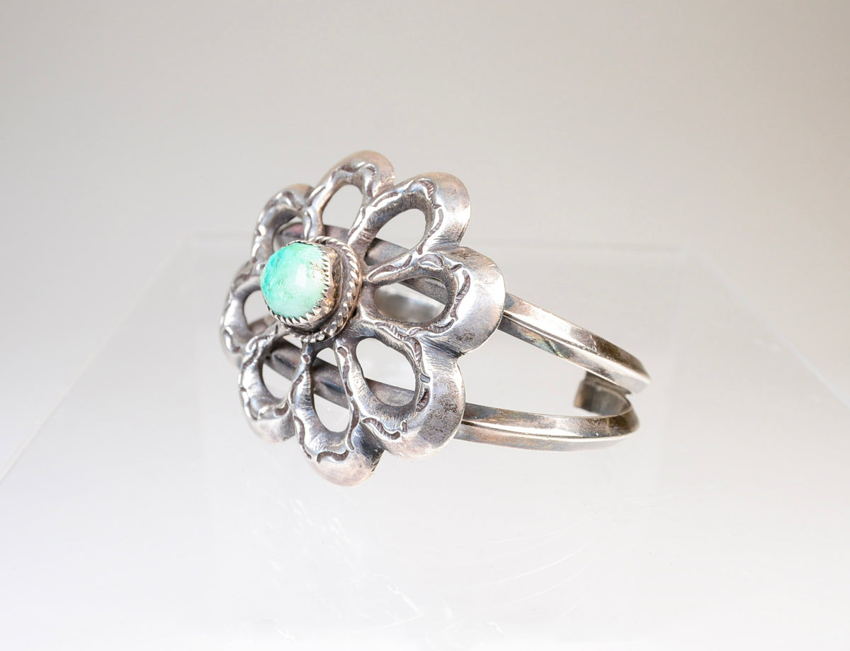 Navajo Sand Cast Cuff Bracelet with Nevada Green Turquoise
