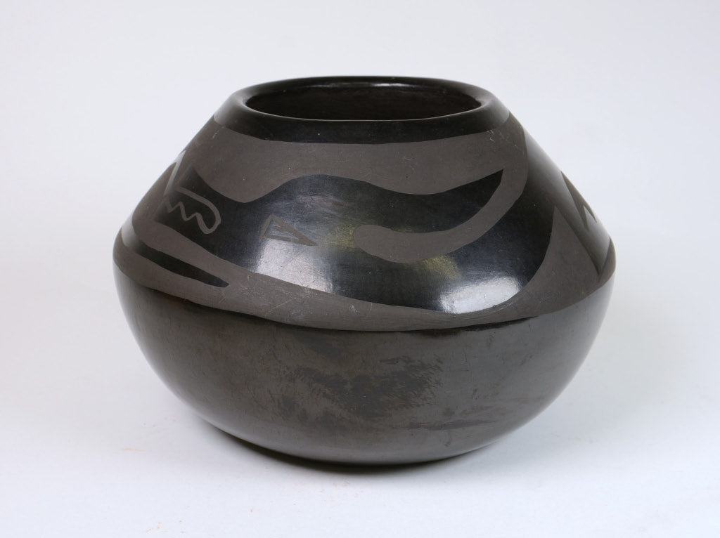 Vintage San Ildefonso Pueblo Blackware Pottery Jar with Water Serpent Avaynu