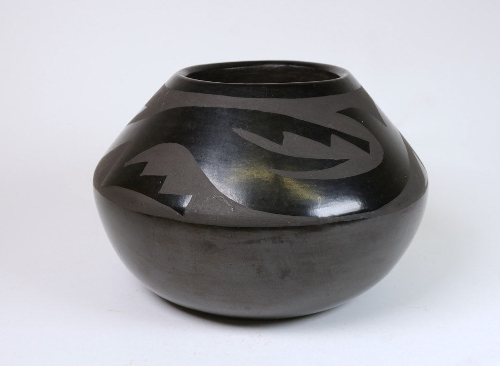 Vintage San Ildefonso Pueblo Blackware Pottery Jar with Water Serpent Avaynu