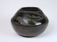 Vintage San Ildefonso Pueblo Blackware Pottery Jar with Water Serpent Avaynu