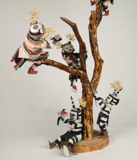 Hopi Kachina Scene: 5 Koshare Kachinas Climbing Tree