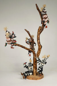 Hopi Kachina Scene: 5 Koshare Kachinas Climbing Tree