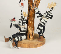 Hopi Kachina Scene: 5 Koshare Kachinas Climbing Tree
