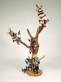 Hopi Kachina Scene: 5 Koshare Kachinas Climbing Tree
