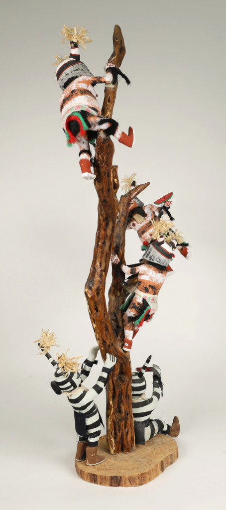 Hopi Kachina Scene: 5 Koshare Kachinas Climbing Tree