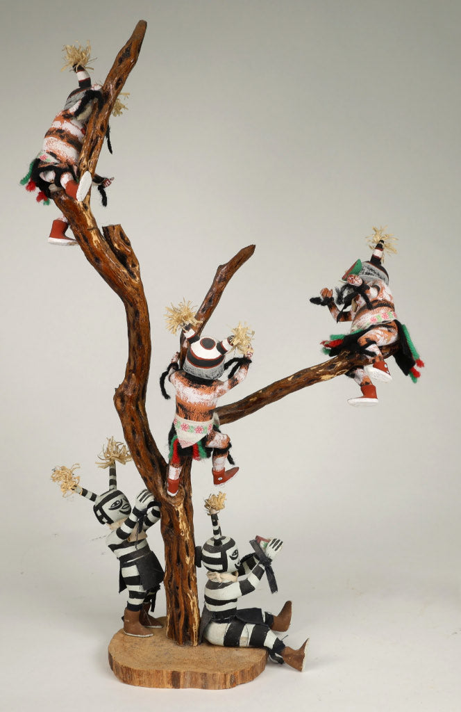 Hopi Kachina Scene: 5 Koshare Kachinas Climbing Tree