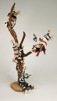Hopi Kachina Scene: 5 Koshare Kachinas Climbing Tree