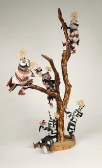 Hopi Kachina Scene: 5 Koshare Kachinas Climbing Tree
