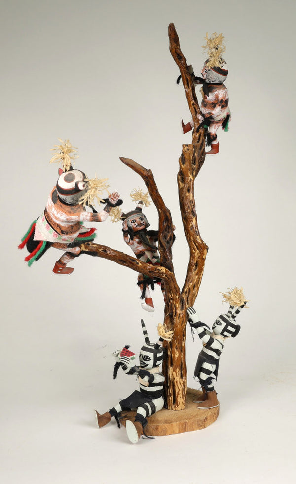 Hopi Kachina Scene: 5 Koshare Kachinas Climbing Tree