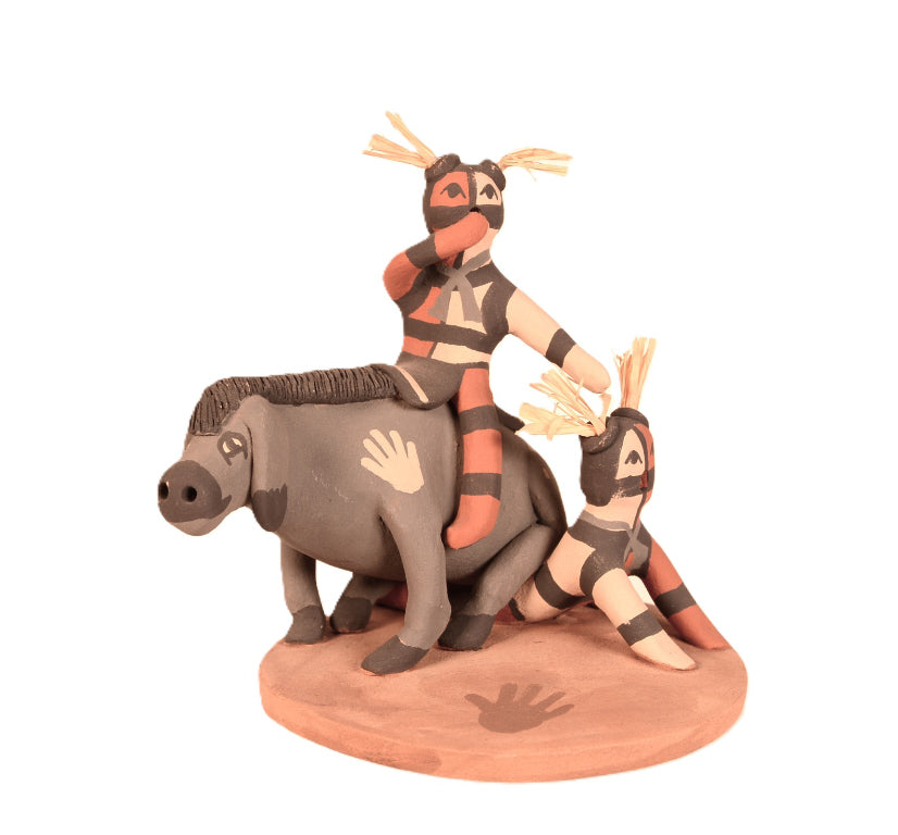 Jemez Pueblo Donkey and 2 Clowns Storyteller Pottery Doll By Phillip M. Fragua