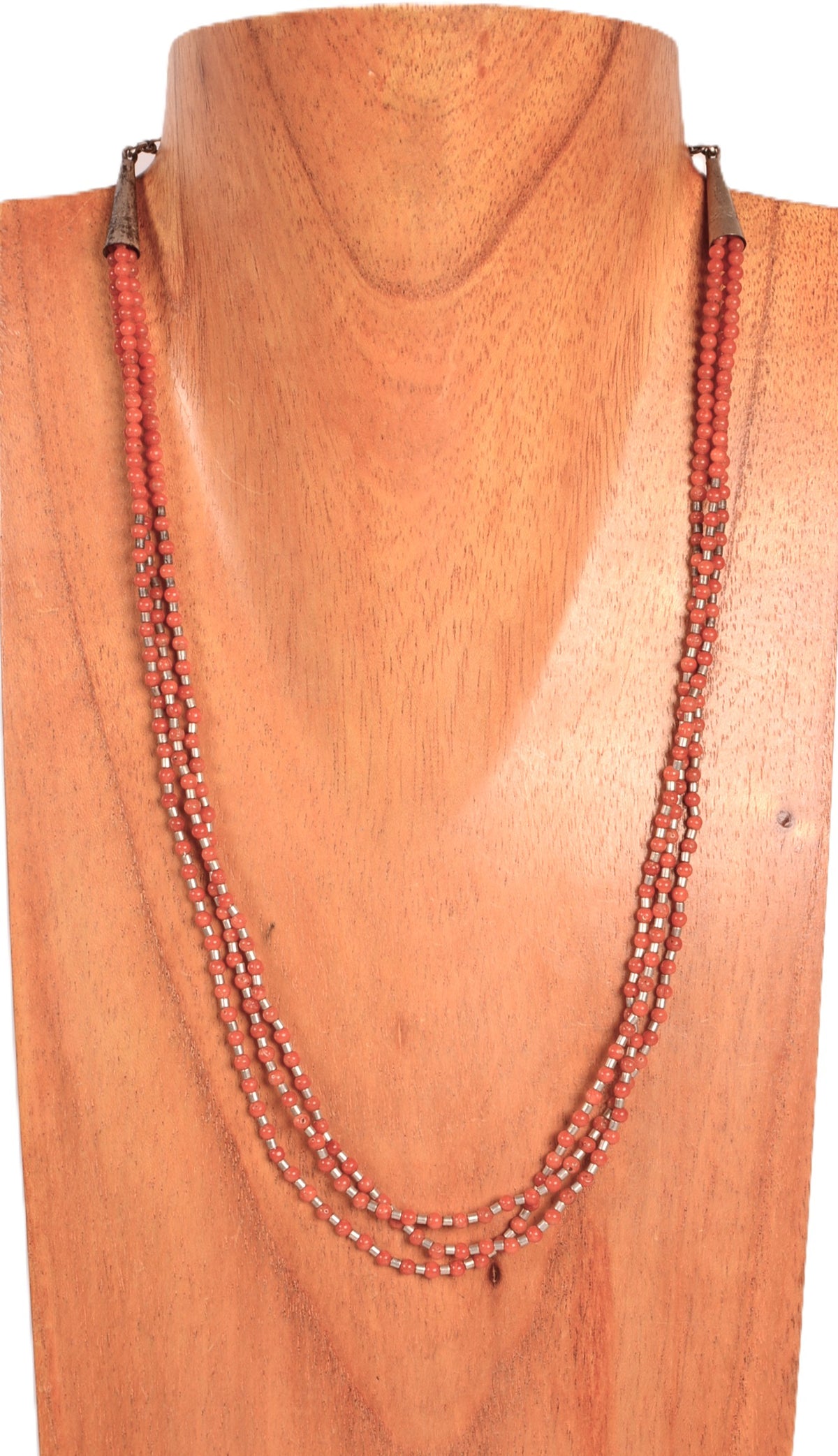 Santo Domingo Pueblo Red Coral and Sterling Silver Bead Necklace