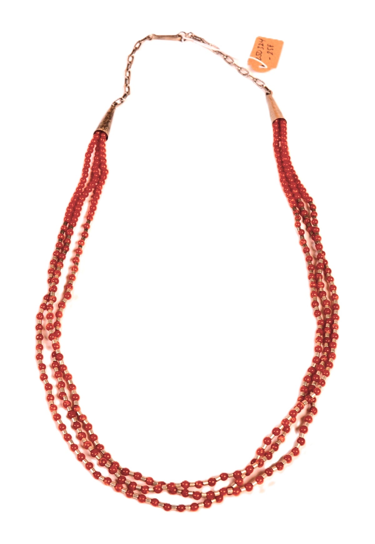 Santo Domingo Pueblo Red Coral and Sterling Silver Bead Necklace