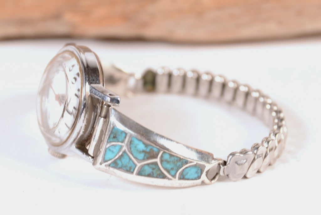 Zuni Pueblo Ladies Sterling Silver and Inlaid Turquoise Watch Band