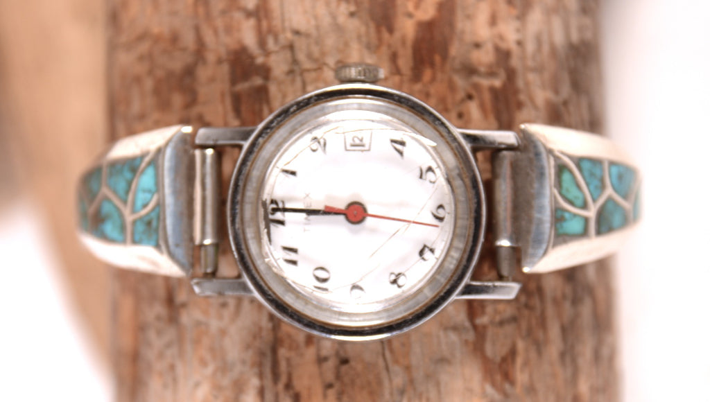 Zuni Pueblo Ladies Sterling Silver and Inlaid Turquoise Watch Band