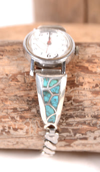 Zuni Pueblo Ladies Sterling Silver and Inlaid Turquoise Watch Band