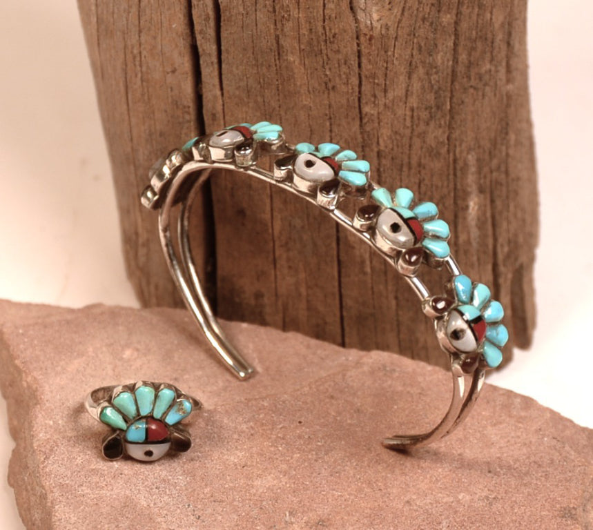 Zuni Pueblo Sunface Bracelet and Ring Set