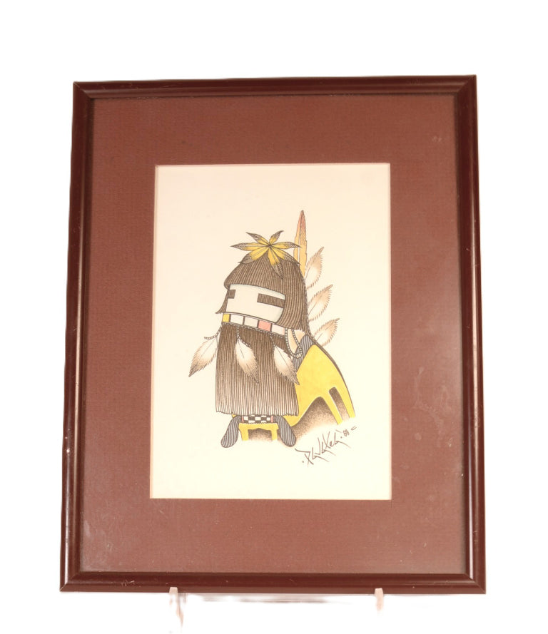 Hopi Pueblo Colored Pencil and Ink Long Hair Kachina By Ted Pavatea
