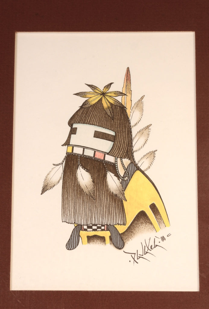 Hopi Pueblo Colored Pencil and Ink Long Hair Kachina By Ted Pavatea