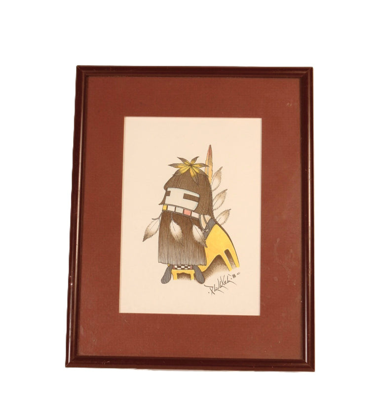Hopi Pueblo Colored Pencil and Ink Long Hair Kachina By Ted Pavatea