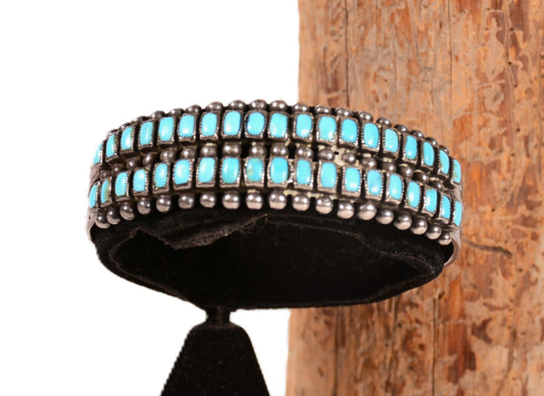 Zuni Double Row Square Cut Turquoise and Sterling Silver Bracelet
