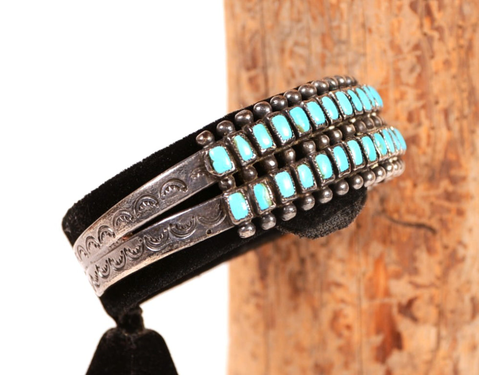 Zuni Double Row Square Cut Turquoise and Sterling Silver Bracelet