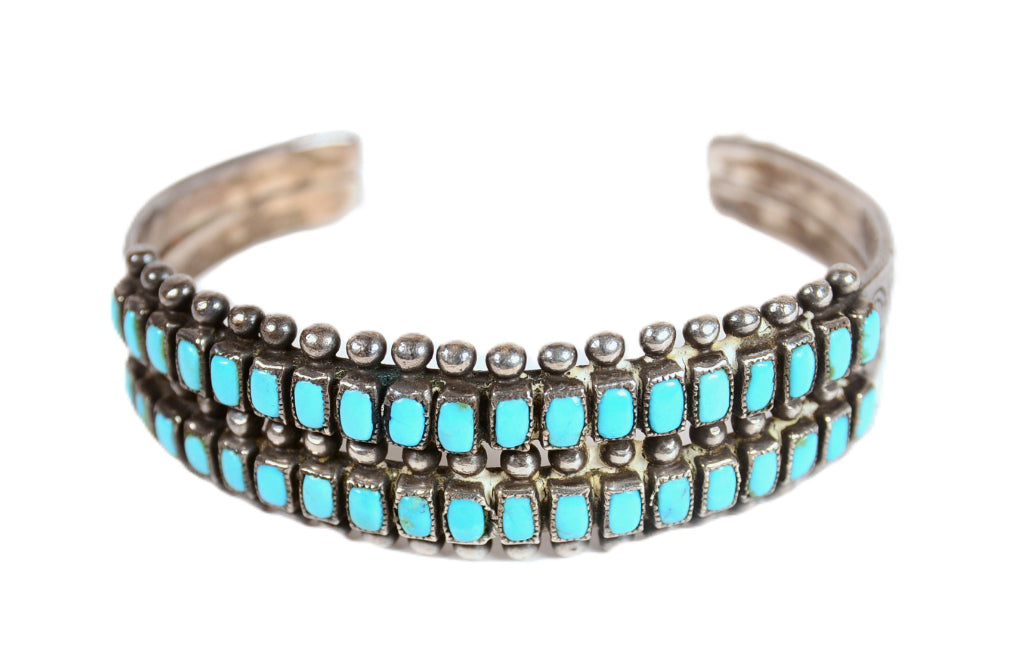 Zuni Double Row Square Cut Turquoise and Sterling Silver Bracelet