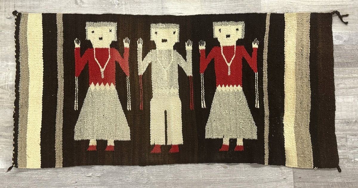 Navajo Rug; Gallup Throw; 3 Navajo People Figures; Two female and one male