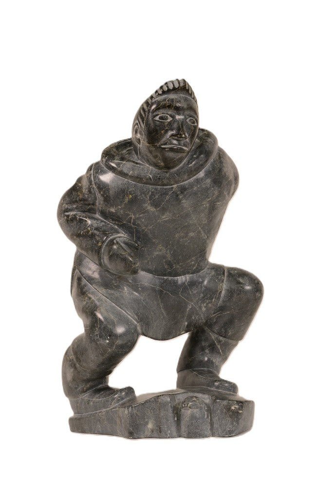 Large Inuit Steatite Soapstone Man with Hiding Seal Sculpture  Peter Juanista