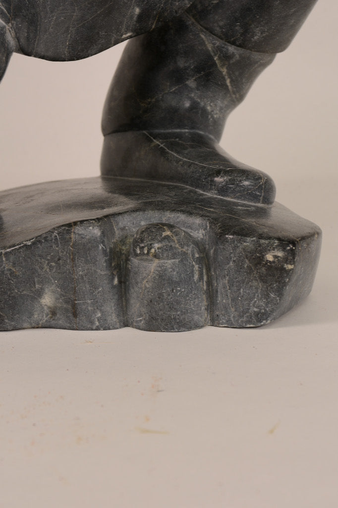 Large Inuit Steatite Soapstone Man with Hiding Seal Sculpture  Peter Juanista